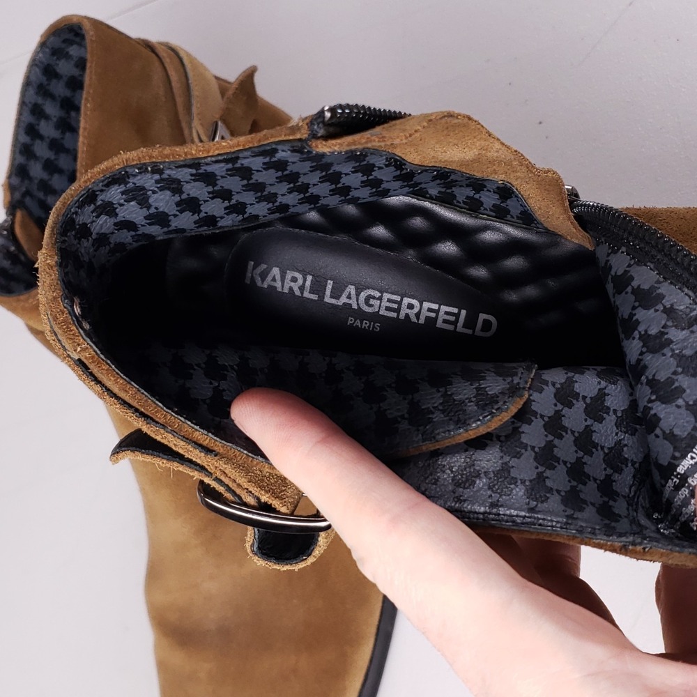 Karl Lagerfeld Paris Suede Ankle Boots 9.5M Buckle Strap Brown Jodhpur Zip-Up - Picture 4 of 16